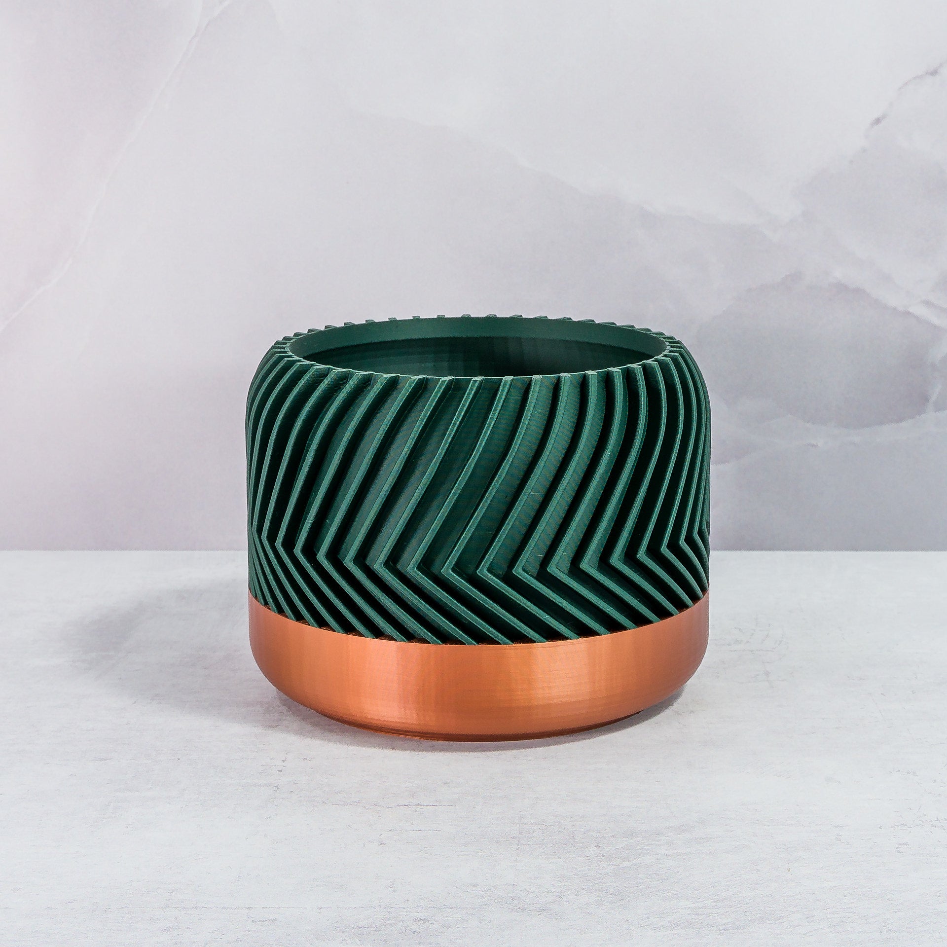 Front Facing: "TREAD planter with copper base and deep green forest pattern, front view."
 Front Facing: "TREAD planter with copper base and deep green forest pattern, front view."